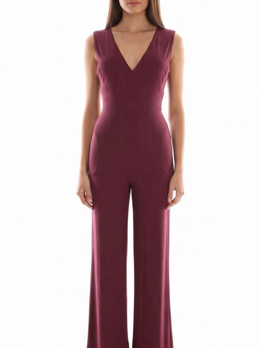 BCBGeneration Sleeveless V-Neck Wide-Leg Jumpsuit in Burgundy